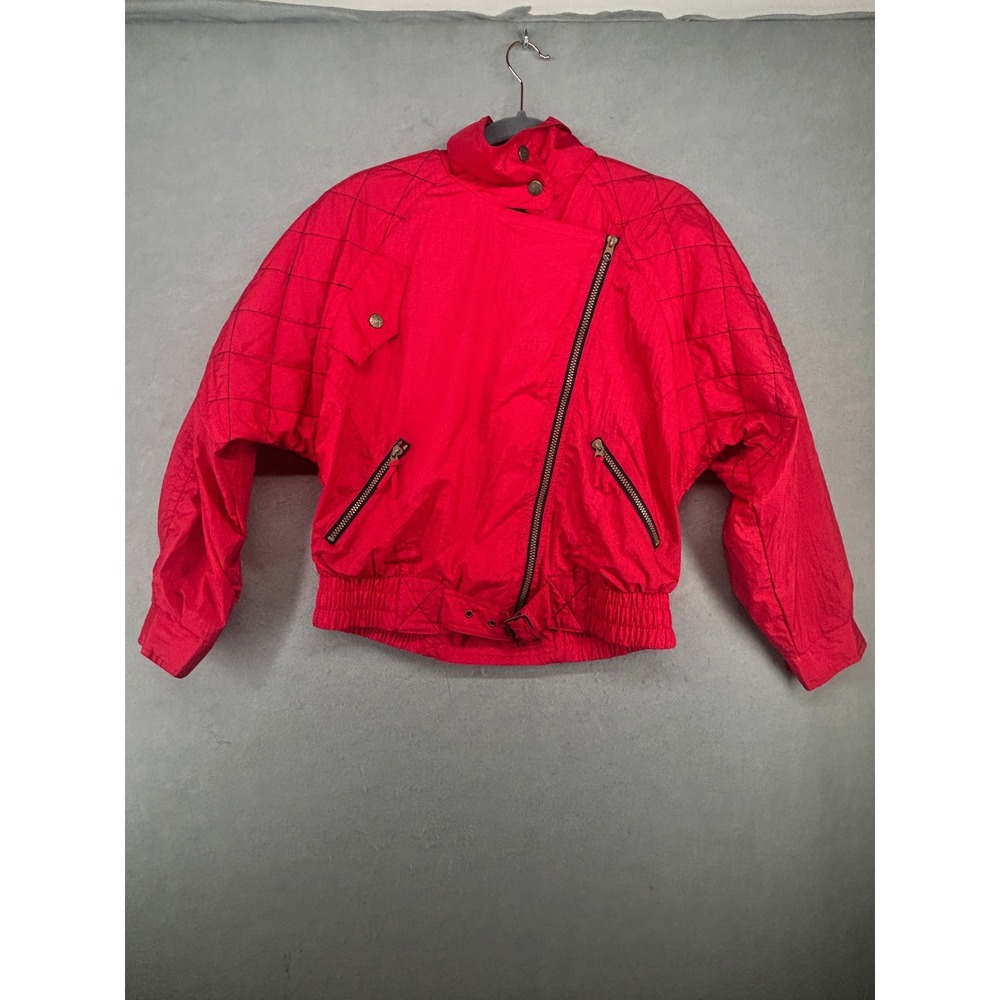 Vintage RE Sport Red Nylon Bomber Jacket Asymmetrical Zip 80s Windbreaker Small